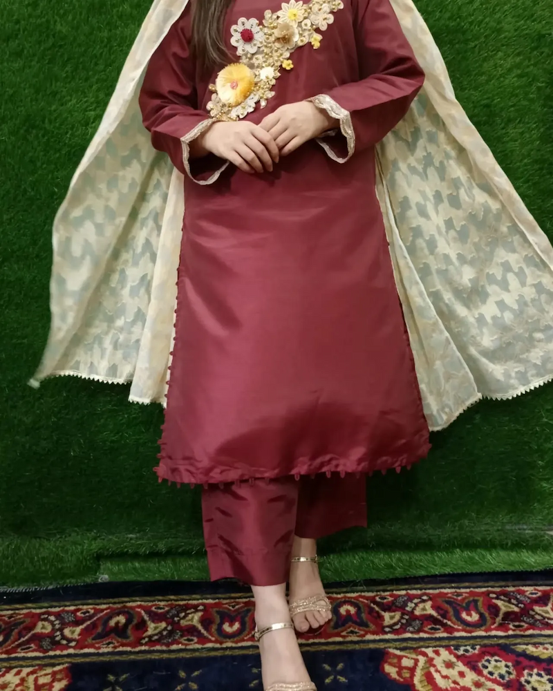 Kattan Silk 3-piece Stitched Embroidered Dress