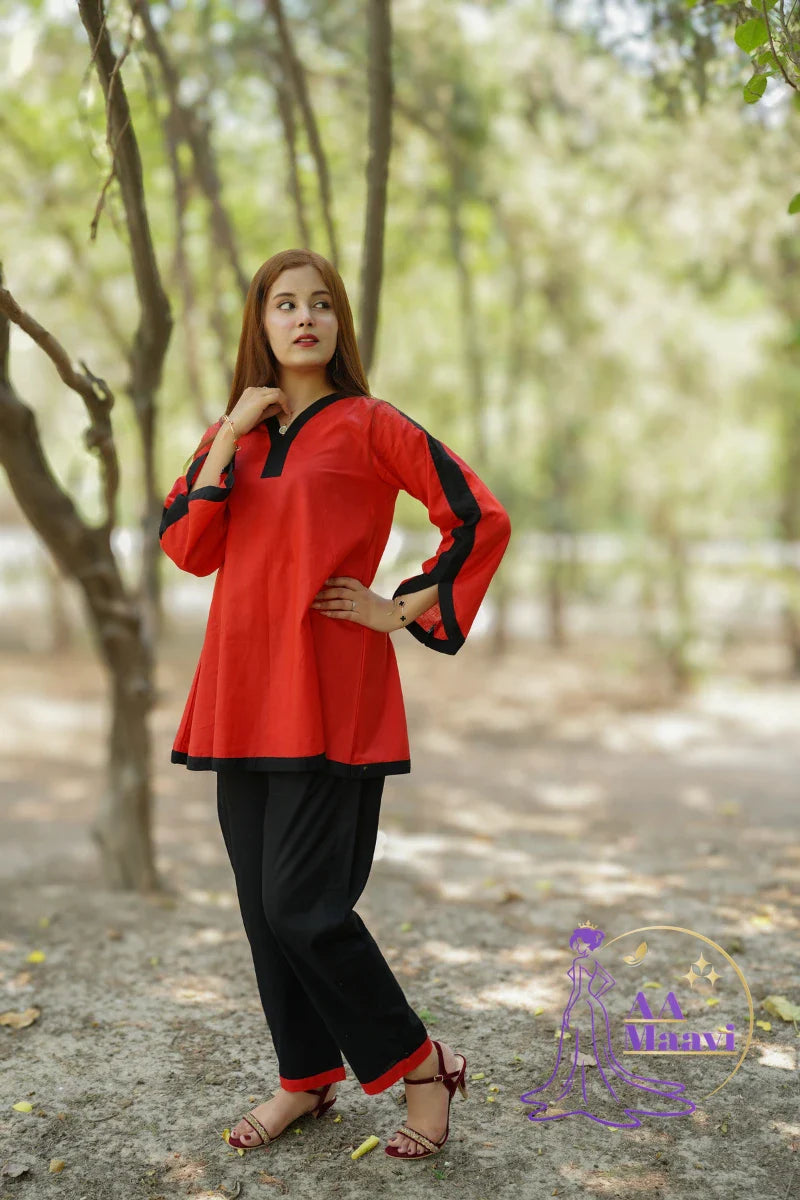AM Red and Black Cord Set Lawn Dress