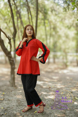 AM Red and Black Cord Set Lawn Dress